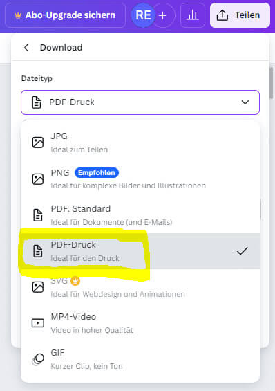 Select PDF print for a newspaper in Canva