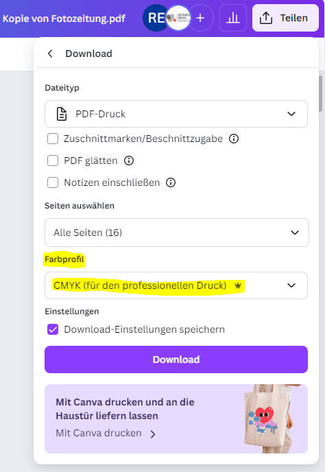 Select CMYK colour profile for newspaper printing in Canva