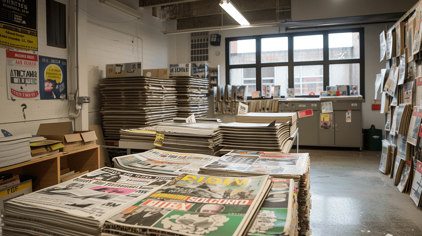 Various recycled newsprints in print shop