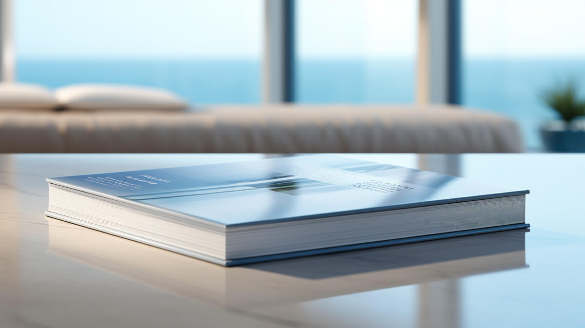 Close-up of a professionally printed brochure with softcover