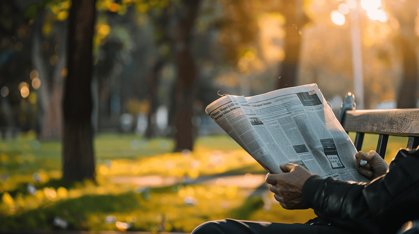 Reader in the park with a large newspaper in traditional broadsheet format