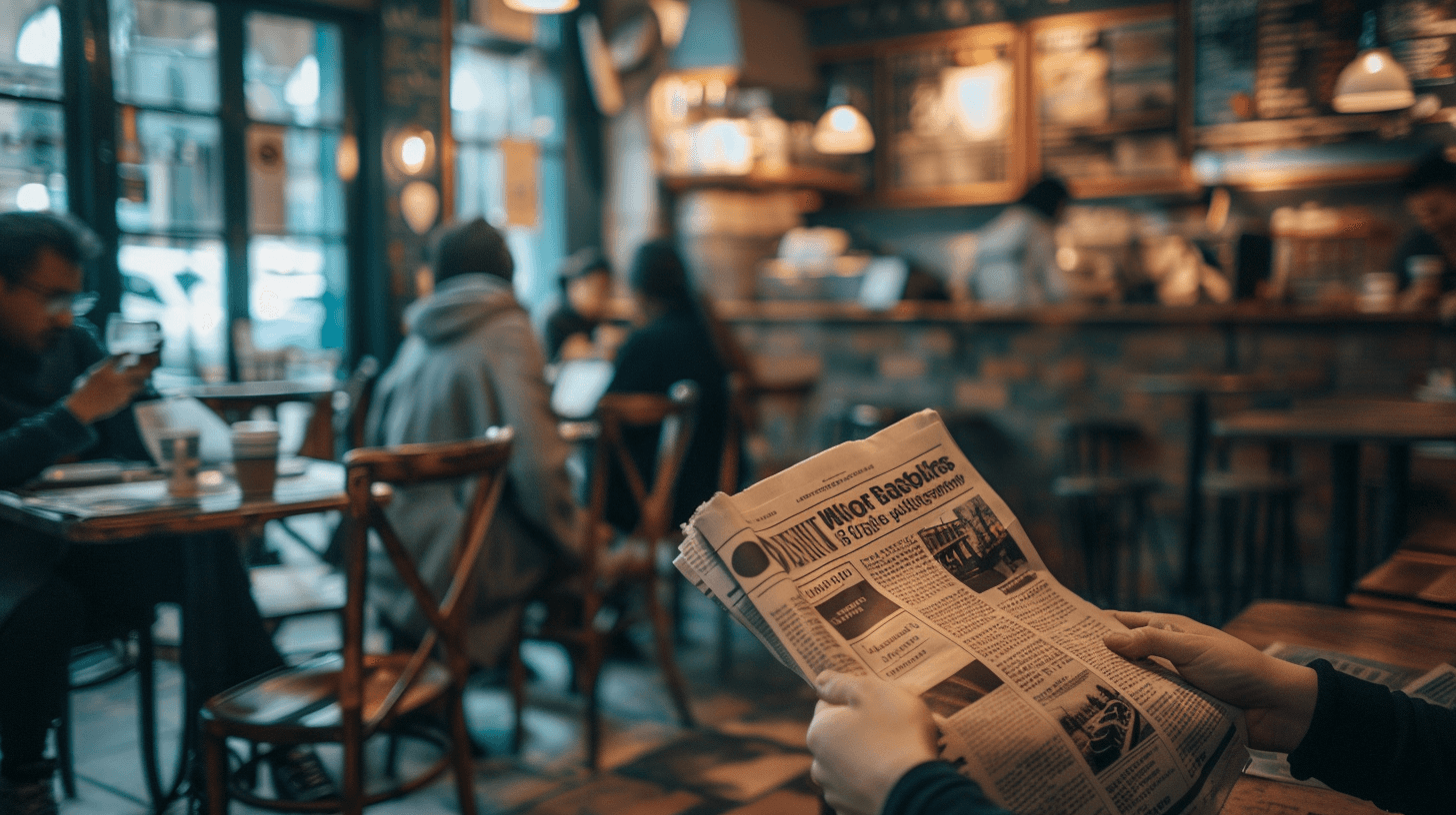 Reader in a café with a handy tabloid-format newspaper