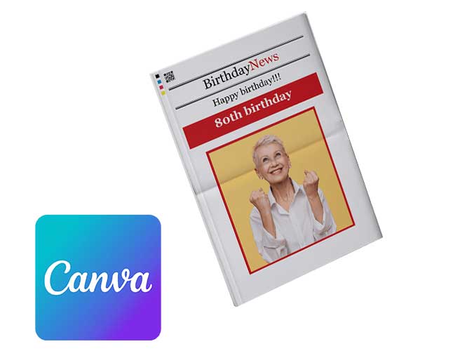 Design an 80th birthday newspaper online with Canva