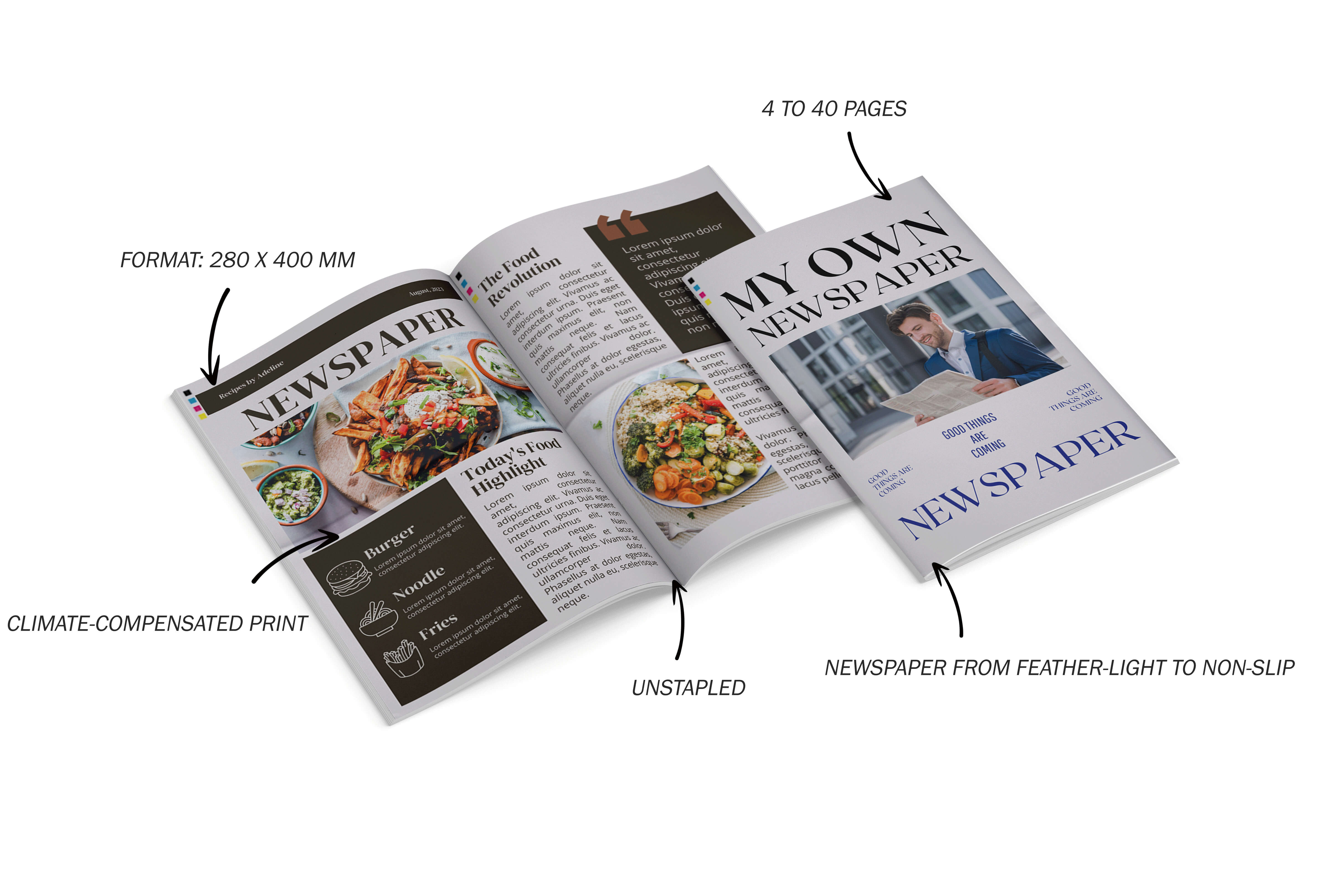 Format, paper type and page count for personalised small-run newspaper printing