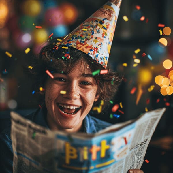 Smiling birthday guest with a personalised birthday newspaper